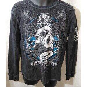 Sinister Pullover T-Shirt Mens L Black Skull Snake Graphic Waffle Long Sleeve